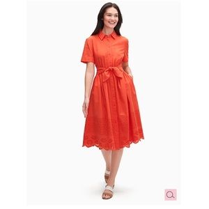 NWT Kate Spade Tie-Waist Eyelet Shirt Midi Dress in Geranium, Size S